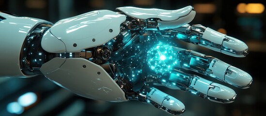 Wall Mural - futuristic robotic hand holding glowing orb.
