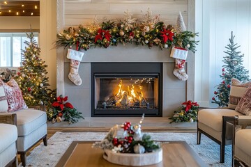 Wall Mural - Wide view of a warm fireplace surrounded by festive holiday decorations