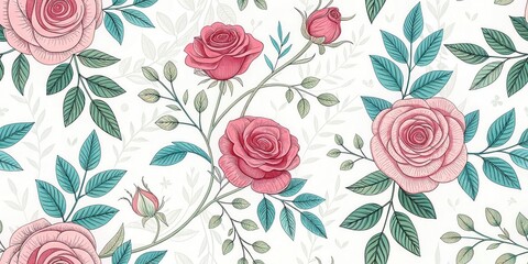  A Seamless Pattern of Delicate Pink Roses and Teal Leaves on a White Background