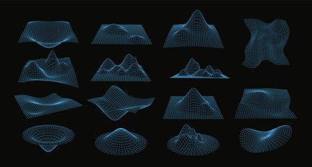 Wall Mural - illustration of a set of wireframe glowing and distorted geometric grids in neon blue.