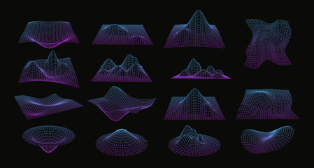 Wall Mural - set of wireframe curved perspective grid shapes illustrations in pink and blue neon glowing color.