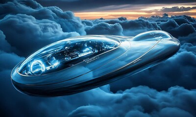 Poster - Futuristic aircraft cloudscape sunset flight