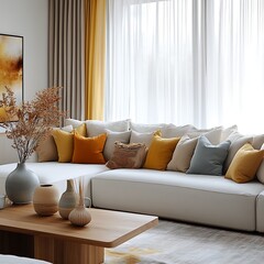 Wall Mural -  Minimalist home interior design of modern living room with a yellow sofa adorned with colorful cushions, wooden coffee table and minimalistic decor, bathed in natural light. 