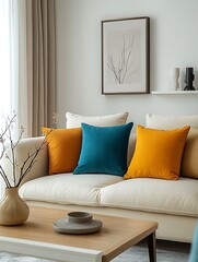 Wall Mural -  Minimalist home interior design of modern living room with a yellow sofa adorned with colorful cushions, wooden coffee table and minimalistic decor, bathed in natural light. 