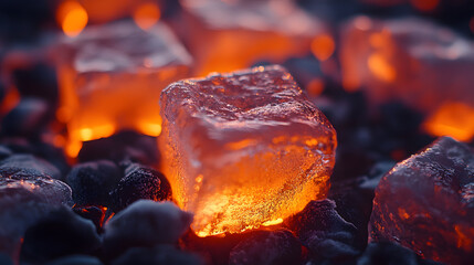 Fototapete - Glowing ice cubes resting on dark stones, illuminated by warm light, creating a striking contrast between cold and heat