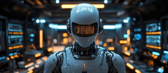 Wall Mural - futuristic robot in a high-tech control room.