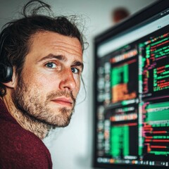 Focused Programmer Coding Late Night  Intense Hacker  Computer Screen  Dark Room  Serious
