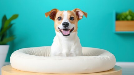 Wall Mural - Happy Dog Sitting in Cozy Bed with Bright Background and Plants