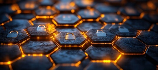 Cybersecurity Network Protection with Padlocks and Hexagons in Minimalist Style