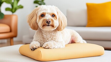 Wall Mural - Cute Dog Relaxing on a Soft Pillow in a Bright Living Room