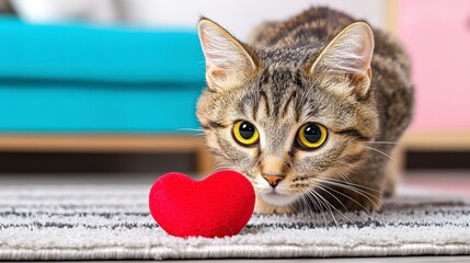 Wall Mural - Playful Domestic Cat with Heart-Shaped Toy on Cozy Surface