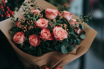 Sticker - Close-up of a bouquet of pink roses wrapped in paper for a Valentine's Day