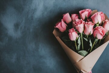 Sticker - Close-up of a bouquet of pink roses wrapped in paper for a Valentine's Day