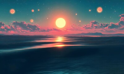 Leinwandbilder - Surreal sunset ocean landscape, fantasy planets, calming background