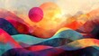 © heinng - Vibrant sunset hues paint rolling hills abstract landscape. AI Generated