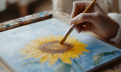 Wall Mural - Artistic hand of a woman with a brush paints the sunflowers with oil paints, Generative AI