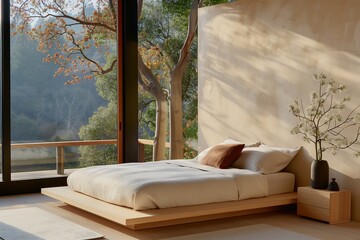 Wall Mural - Japandi-style bedroom featuring a low wooden platform bed, soft linen bedding, and warm neutral tones. home interior design concept 