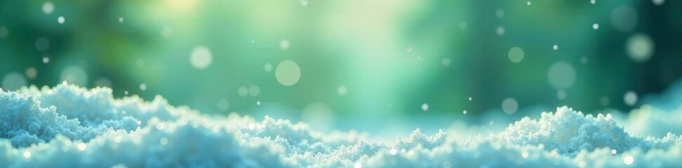 sparkling snowflakes fall gently on a serene winter landscape with a soft green background, peaceful