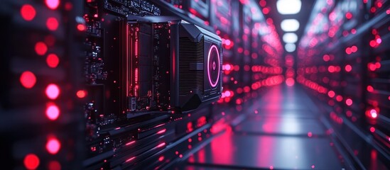 Wall Mural - close-up of a powerful gpu in a server room with red lighting.