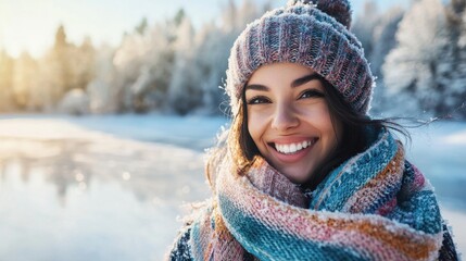 A woman wearing a blue and pink scarf and a hat is smiling at the camera