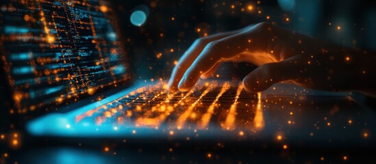 Hand typing on glowing laptop keyboard.