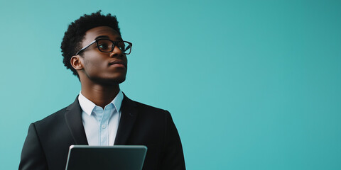 A young man wearing sleek business casual attire and holding a tablet with a flat soft blue background with copy space