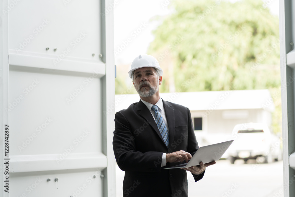 Senior businessman manager working at container cargo site control ...