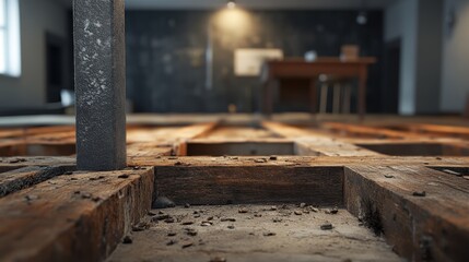 Wall Mural - Close-Up View of Rustic Wooden Floor with Exposed Elements and Dust