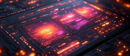 Wall Mural - futuristic glowing circuit board with digital data streams.