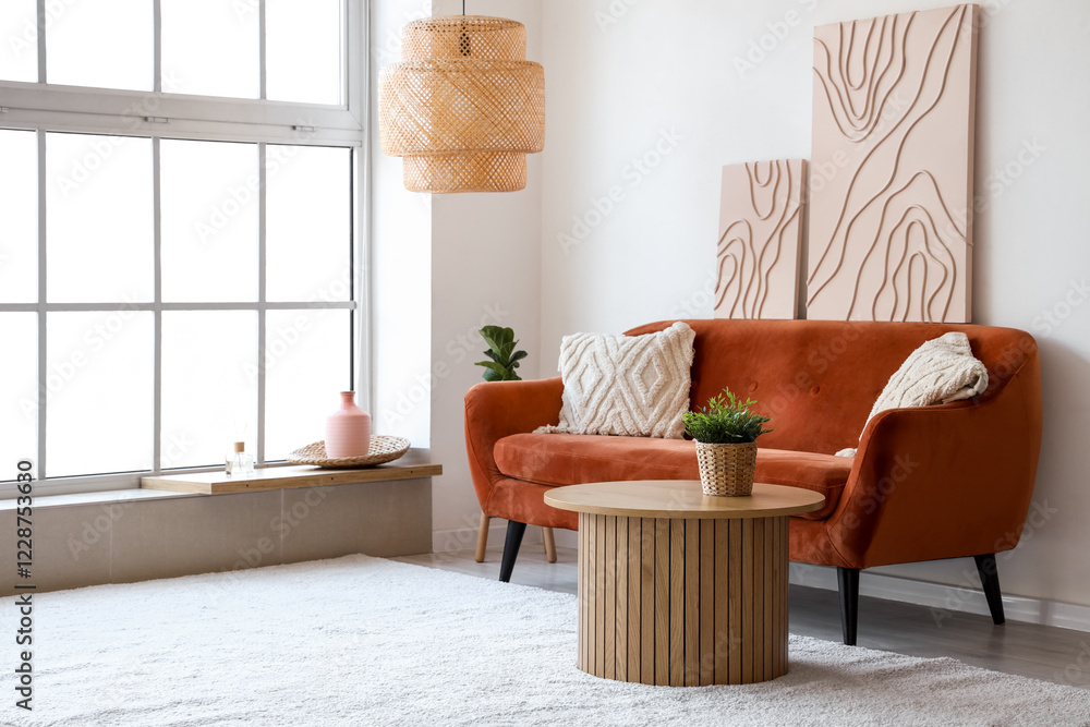 Light interior of stylish living room with cozy couch, coffee table and ...