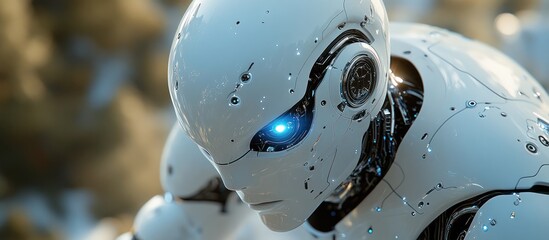 Wall Mural - close-up of a futuristic white robot with blue glowing eyes, outdoors.