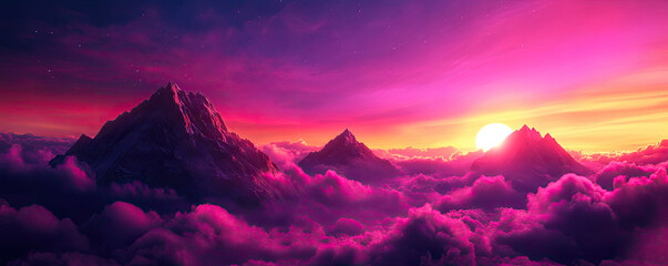 Wall Mural - A breathtaking mountain landscape at sunset, featuring vibrant pink and purple hues illuminating the clouds below.