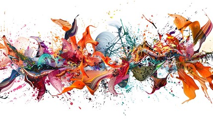 Wall Mural - A dynamic mixed-media composition with splashes of acrylic paint, ink, and collage elements, symbolizing artistic freedom and contemporary aesthetics, set on a plain white background for easy 