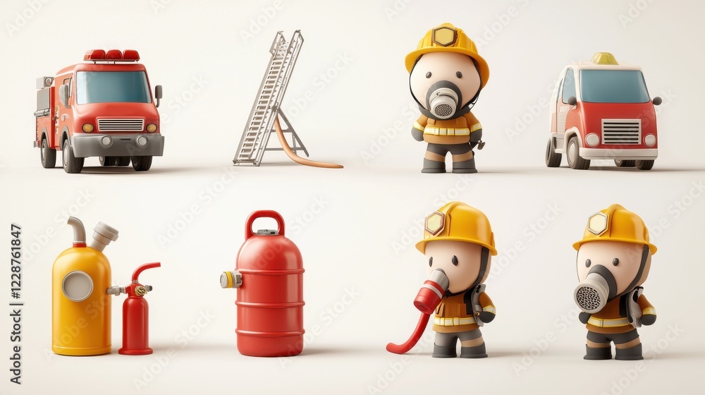 Creative Firefighting Heroic firefighting action six firefighter icons with ladder and fire ...