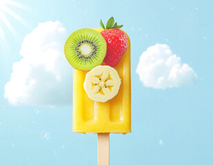 Wall Mural - Illustration of a fruit popsicle with one strawberry, banana, and kiwi slice on top, against a light blue background. A white cloud is in the sky