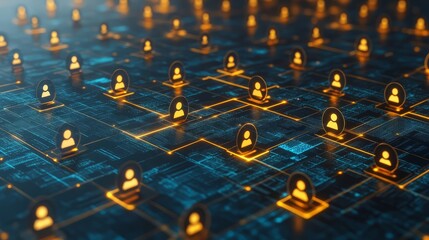 Digital network with connected user icons and glowing lines on a futuristic background.