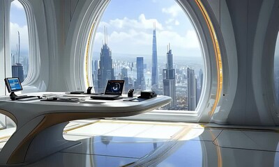 Aufkleber - Futuristic office, city view, workspace, design, technology