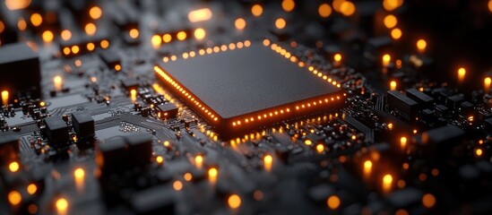 Wall Mural - illuminated microchip on circuit board.