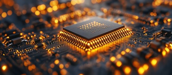 Wall Mural - illuminated microchip on circuit board.