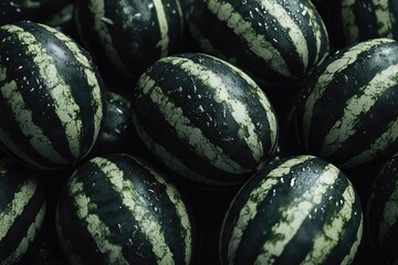 Wall Mural - Fresh watermelons showing refreshing water droplets, displayed in a market stall