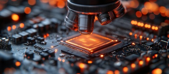 Wall Mural - microscope inspecting illuminated microchip on circuit board.