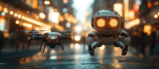 Wall Mural - futuristic robot and drone flying in city at night.