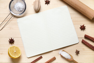 Canvas Print - Composition with blank recipe book, kitchen utensils and spices on wooden background