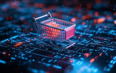 Aufkleber - Futuristic cloud computing enhancing online shopping, glowing cart and checkout data, ultrarealistic 3D rendering, dynamic digital effects, modern design