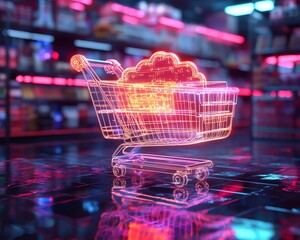Aufkleber - Online shopping powered by cloud computing, glowing products and checkout system, ultrarealistic 3D rendering, futuristic digital shopping experience