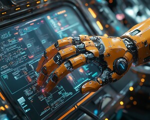 Poster - Advanced mechanical arm interacting with cloud computing infrastructure, scitech setting, photorealistic 3D rendering, glowing digital interfaces, modern design