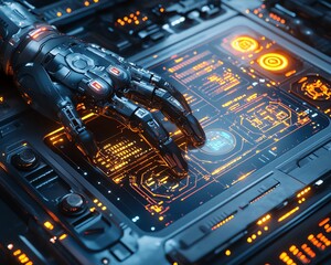 Poster - Advanced mechanical arm interacting with cloud computing infrastructure, scitech setting, photorealistic 3D rendering, glowing digital interfaces, modern design