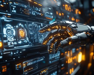Leinwandbilder - Advanced mechanical arm interacting with cloud computing infrastructure, scitech setting, photorealistic 3D rendering, glowing digital interfaces, modern design