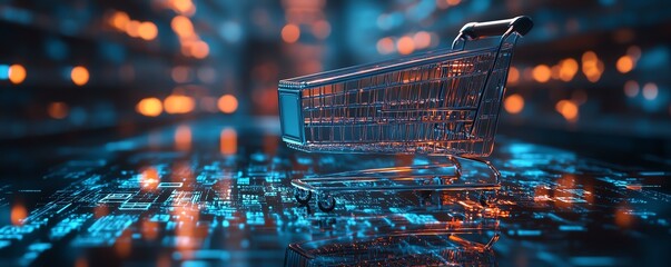 Poster - Cloud computingdriven online shopping experience, glowing data streams, hightech 3D rendering, modern shopping cart design, futuristic digital environment