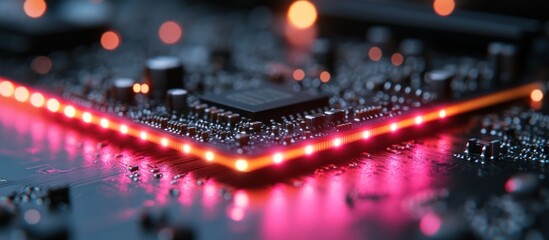 Wall Mural - illuminated circuit board with red led lights.